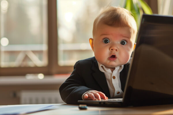 baby in suit front of a laptop represent the scary adulthood