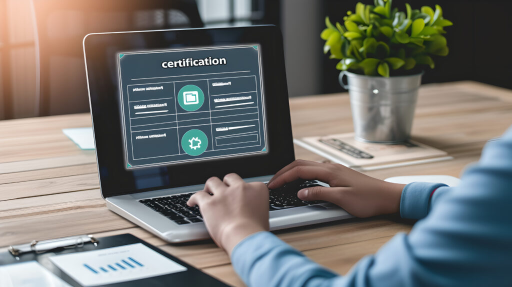 businessman use a laptop evaluation on online survey exam on e-document and choose right answer in exam on international standard "certification", business work and assessment for certificate concept