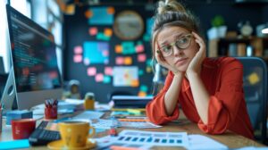 Overwhelmed Office Worker at Desk with Papers