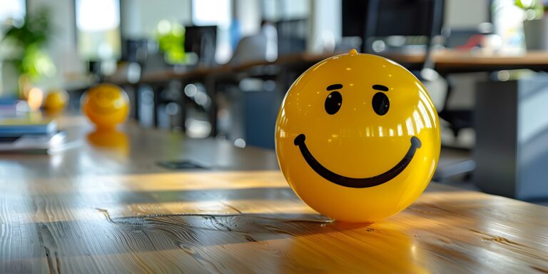 Yellow smiling ball in office promotes positive work environment and corporate culture. Concept Corporate Culture, Positive Work Environment, Office Decor, Yellow Smiling Ball, Promoting Happiness