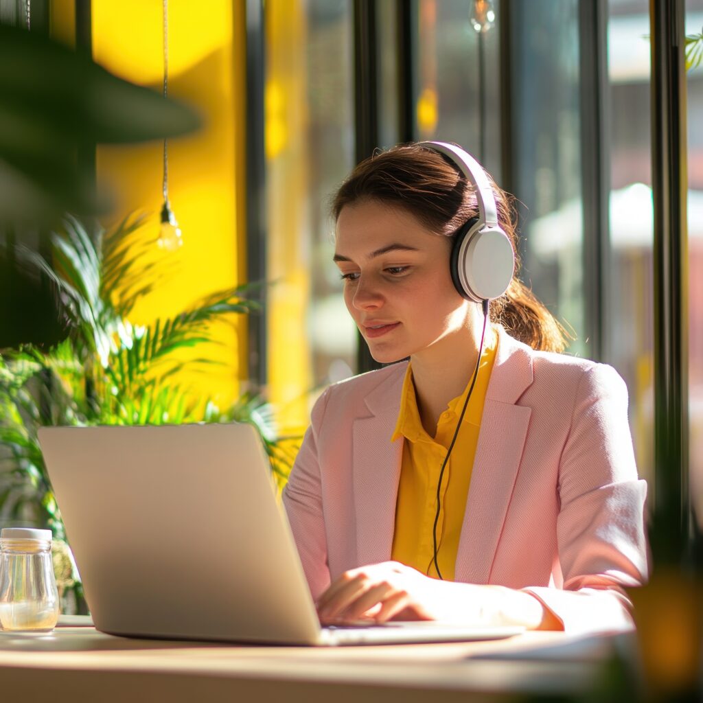 Young woman in pink blazer uses laptop with headphones in cafe.
