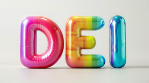 3D text "DEI" in bold font, each letter filled with vibrant rainbow colors, centered on a clean white background.