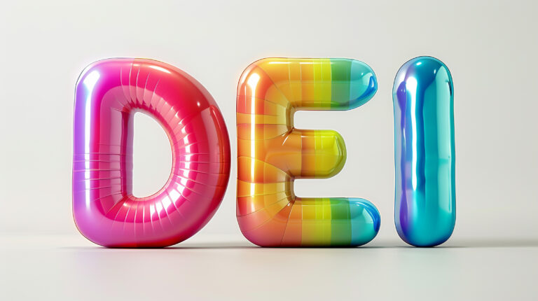 3D text "DEI" in bold font, each letter filled with vibrant rainbow colors, centered on a clean white background.