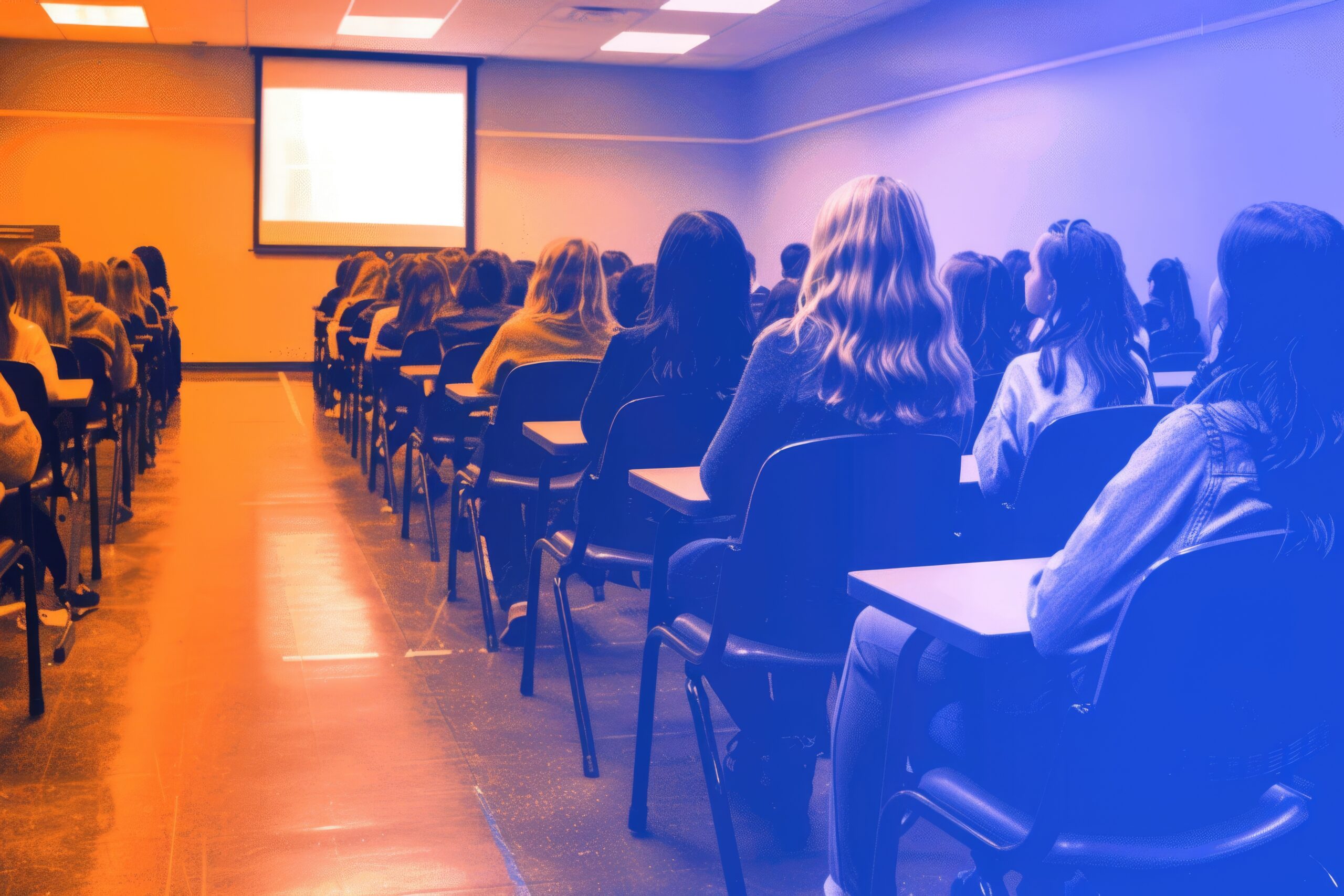 Classroom of caucasian young adults attending a lecture in a modern educational setting