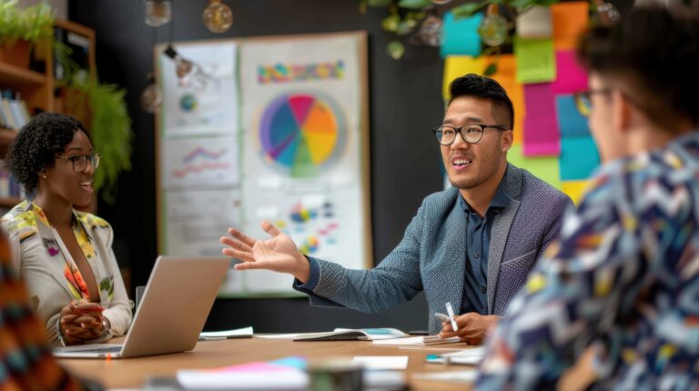 LGBTQ businessperson presenting new ideas to the team, modern office setting, diverse professionals listening, inclusive leadership, innovative presentation, collaborative environment