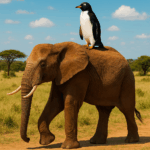 Penguin riding an elephant AI image.