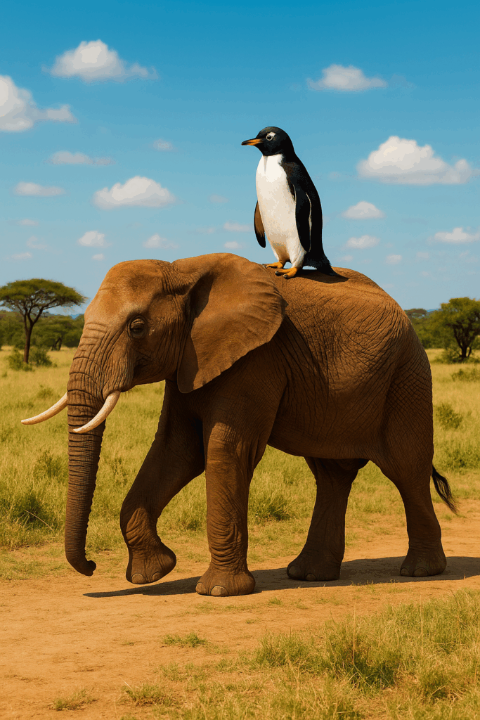 Penguin riding an elephant AI image.
