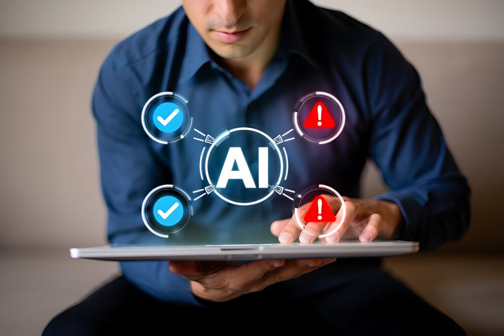 A man is using a tablet with an ai interface, showing checkmarks and exclamation points, indicating both positive and negative outcomes related to artificial intelligence