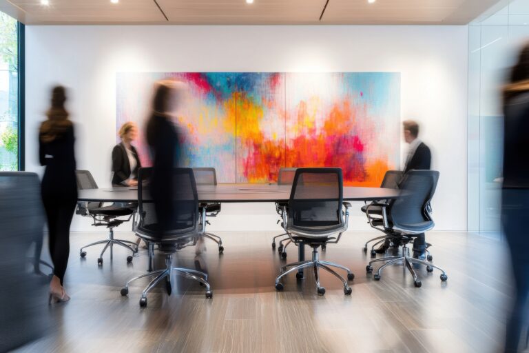 Business professionals engage in a meeting within a modern office featuring vibrant artwork on the walls