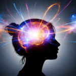 silhouette of a womans head with colorful, vibrant energy and light exploding from her brain, symbolizing creativity and thought