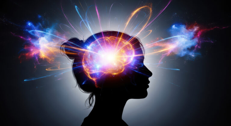 silhouette of a womans head with colorful, vibrant energy and light exploding from her brain, symbolizing creativity and thought