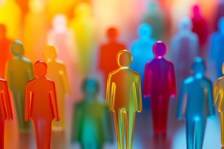 Vibrant colorful background with figures of people with selective focus. Human Resource or social networking background.