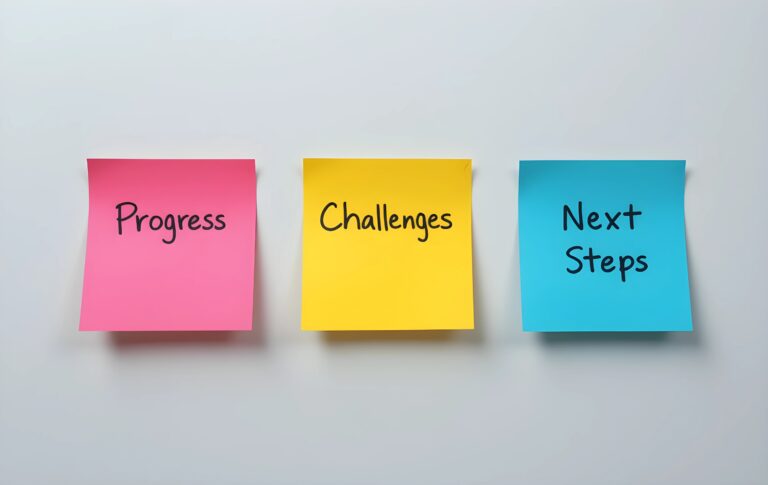 Wall with 3 Post-it notes with Progress, Challenges, and Next Steps written on each, sticky notes with Progress, Challenges and Next Steps written representing the key points discussed in meeting
