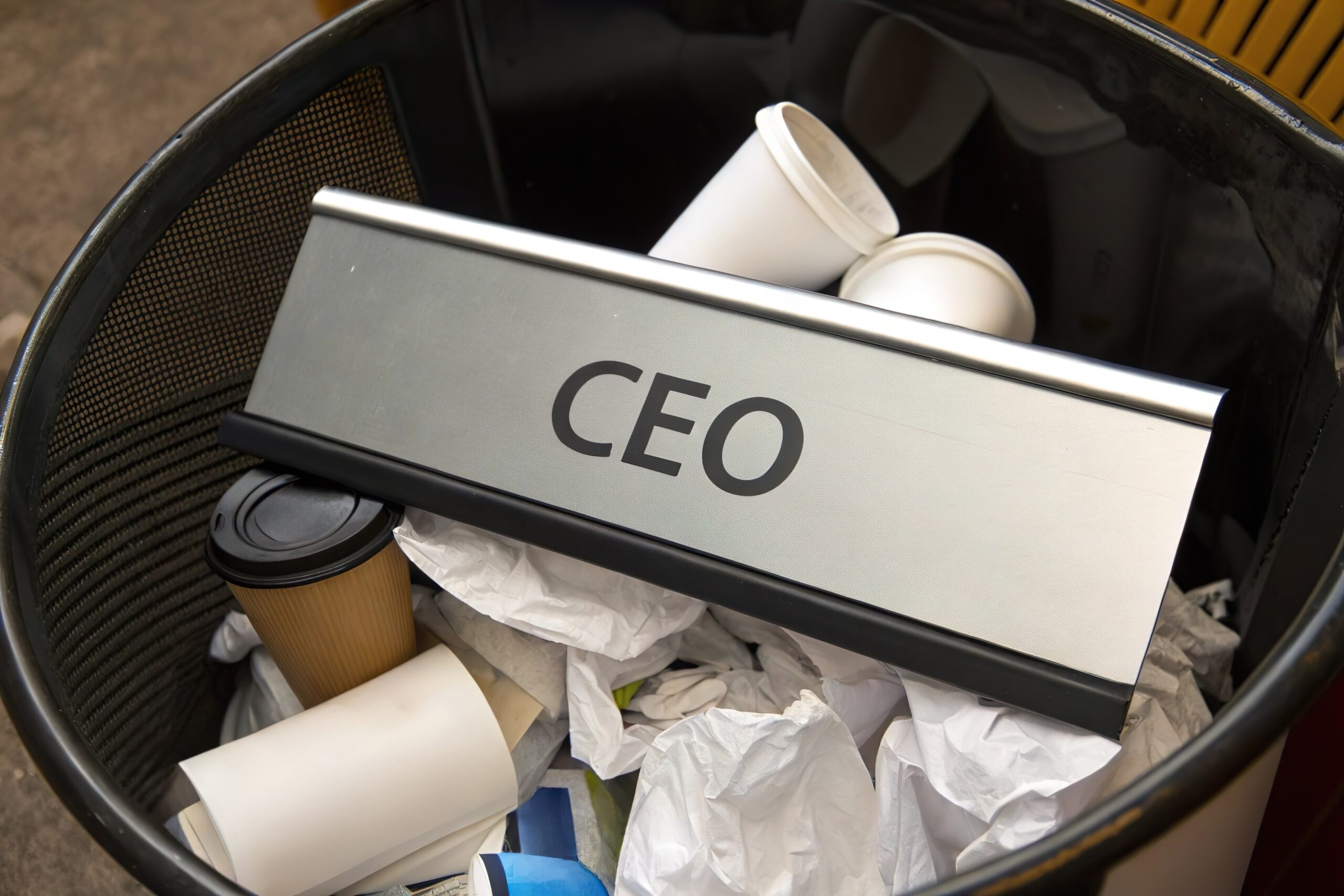 CEO nameplate in trash bin. Leadership loss and resign
