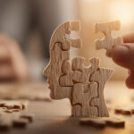 Hand Placing Final Piece in Wooden Head Puzzle Portraying Mental Health Solutions and Cognitive Growth.