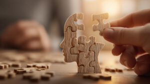 Hand Placing Final Piece in Wooden Head Puzzle Portraying Mental Health Solutions and Cognitive Growth.