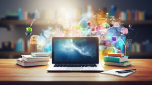 Laptop and books on wooden desk with abstract colorful background. Education concept.
Education technology E-learning Online Training