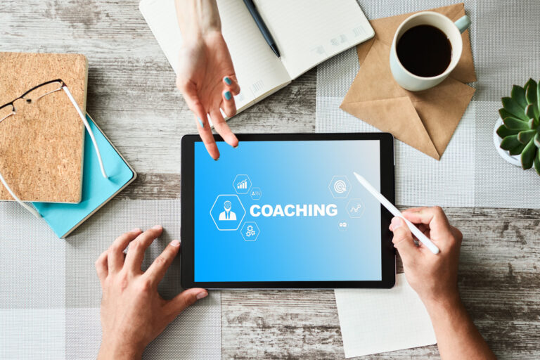 Coaching and mentoring concept on screen. Self development and personal growth.