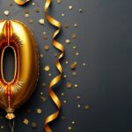 Gold foil balloons shaped as number sixty. Festive celebration decor. Black concrete background with golden confetti, ribbons. Anniversary birthday celebration concept. Top view design. Party