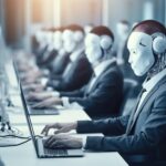 Robots replace people at work. Job interview.