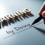 Wooden letters spell out learning with a hand writing by doing on a grey surface