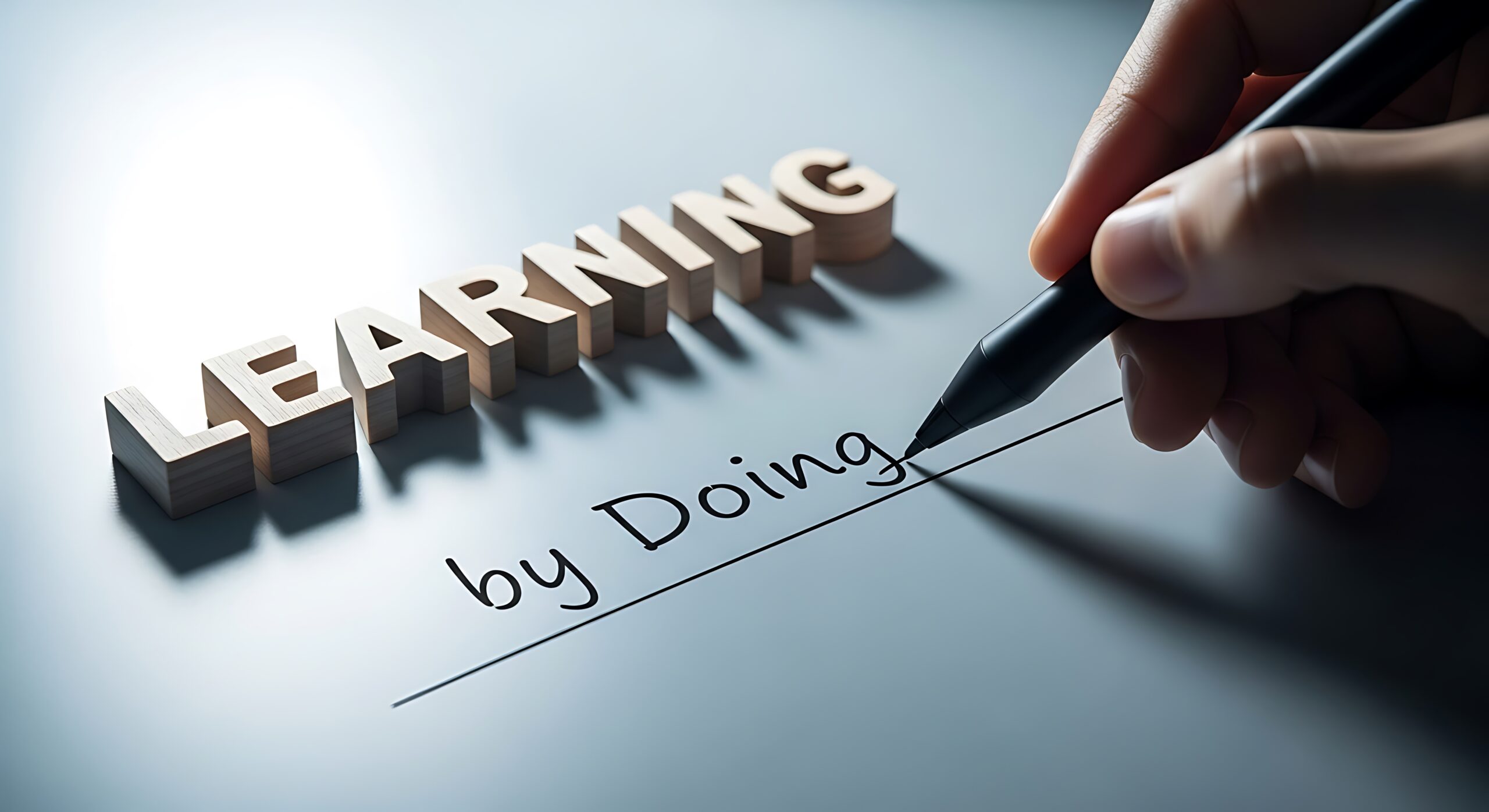 Wooden letters spell out learning with a hand writing by doing on a grey surface