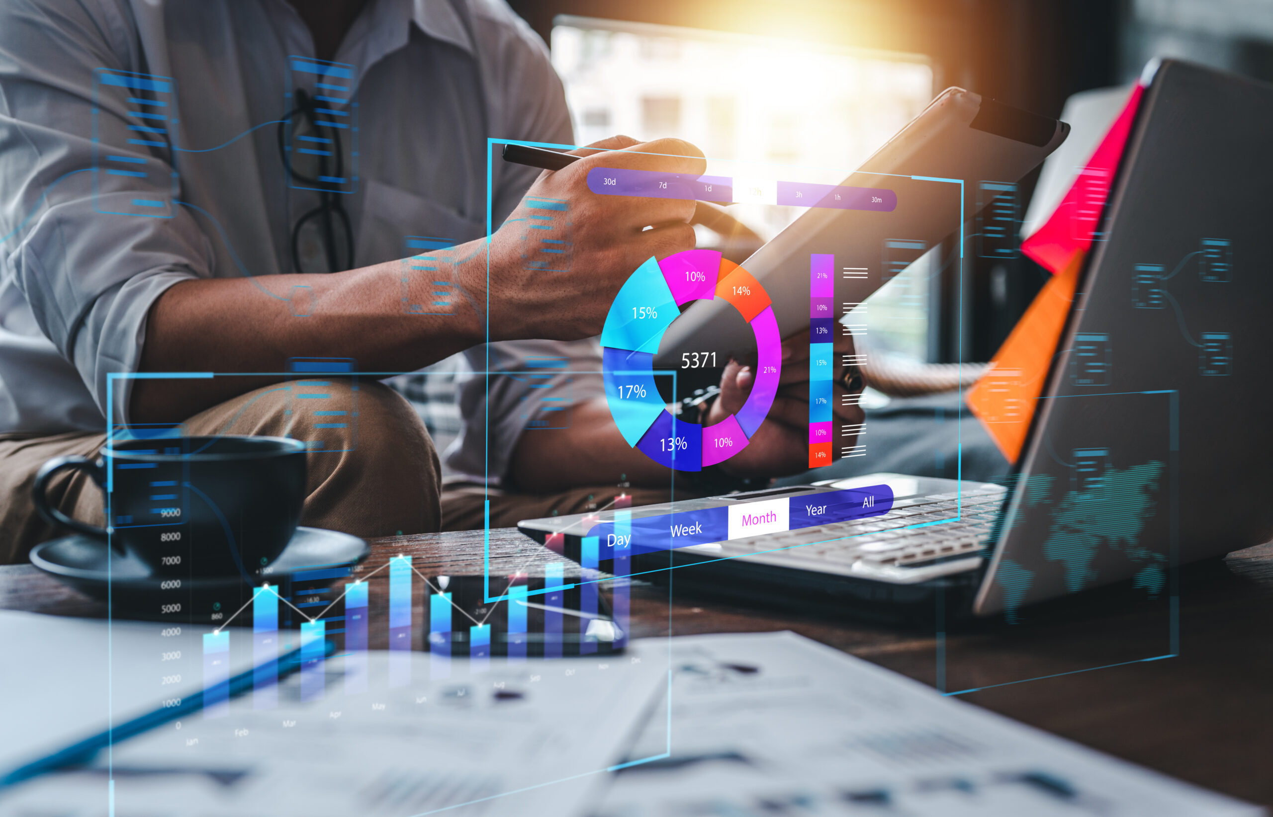 Business strategy analysis data, Analyst database development analytic. Business, Analytics and Data Management System on computer, make report KPI and metrics connected database
