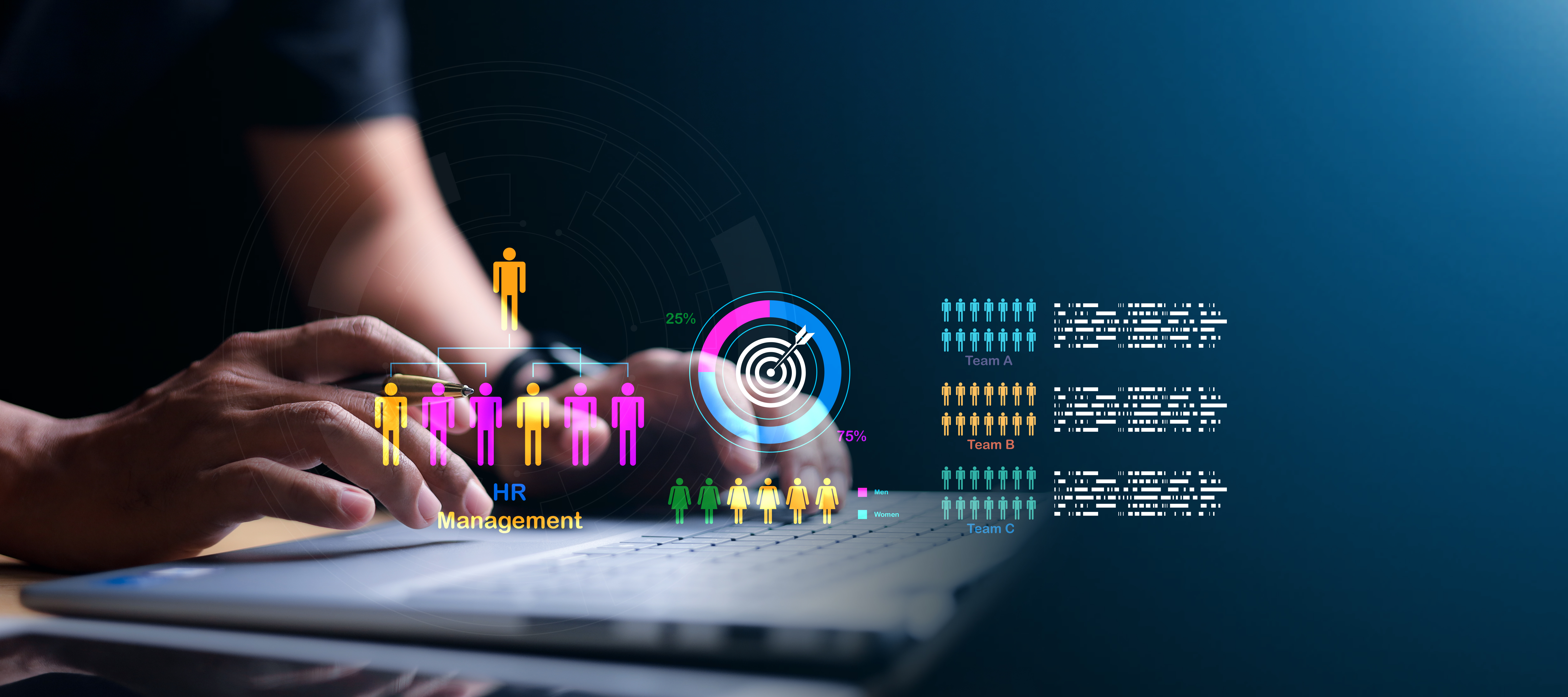 HR management interface, employee structure chart, and team analytics dashboard. Concept of workforce planning and data-driven HR.