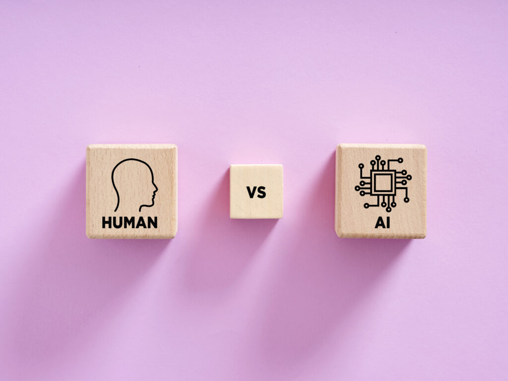 Human versus artificial intelligence concept comparing wooden cubes on purple background