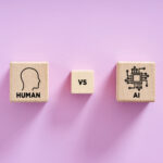 Human versus artificial intelligence concept comparing wooden cubes on purple background