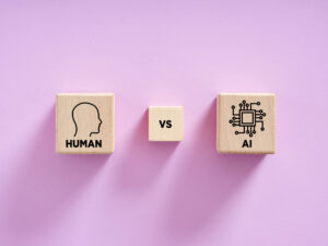 Human versus artificial intelligence concept comparing wooden cubes on purple background