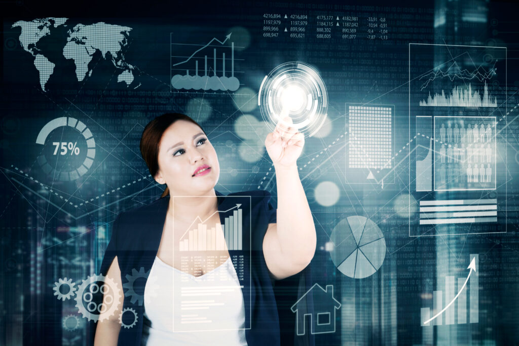 Overweight businesswoman with virtual screen