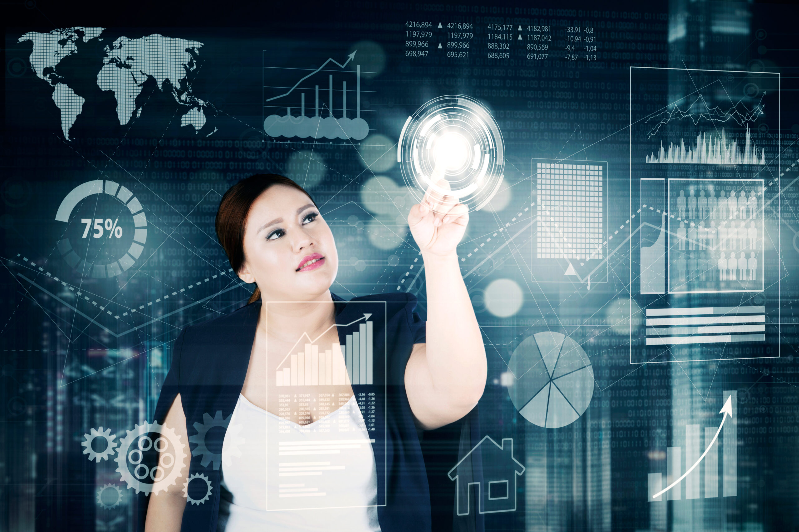 Overweight businesswoman with virtual screen