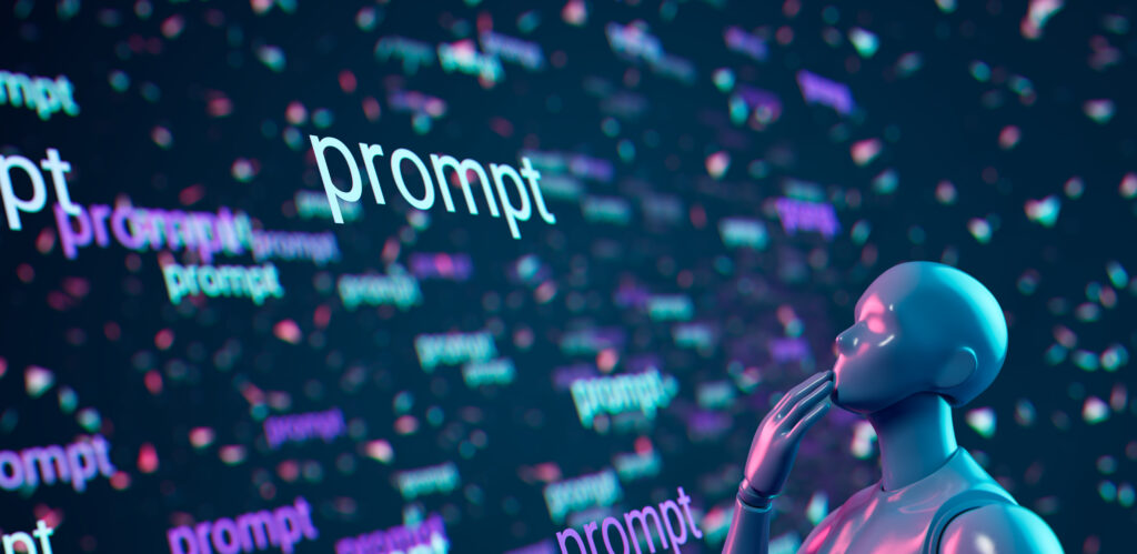 Artificial intelligence AI think about prompts, cyberpunk color scheme, wide composition.