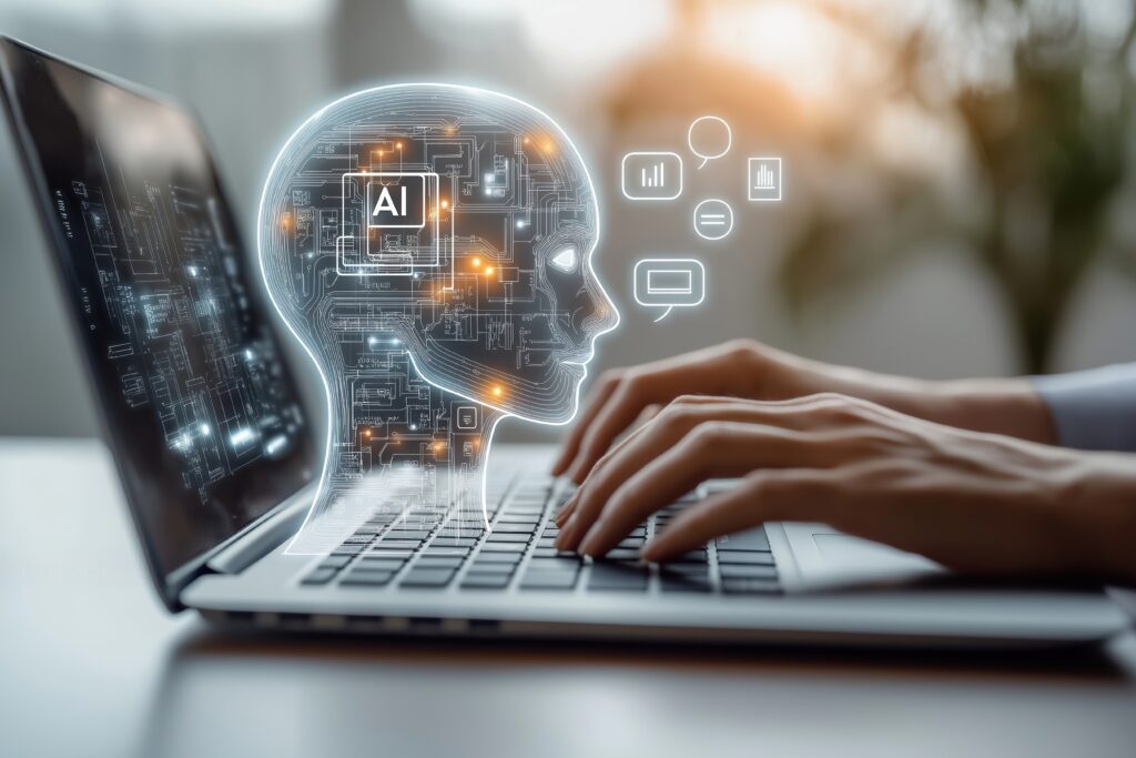 Person uses laptop interacting with AI virtual assistant. AI head graphic overlay laptop keyboard. Concept of AI prompt engineering, LLM. Person types on keyboard to communicate with virtual