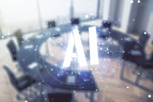 Abstract virtual artificial Intelligence symbol hologram on a modern conference room background. Multiexposure