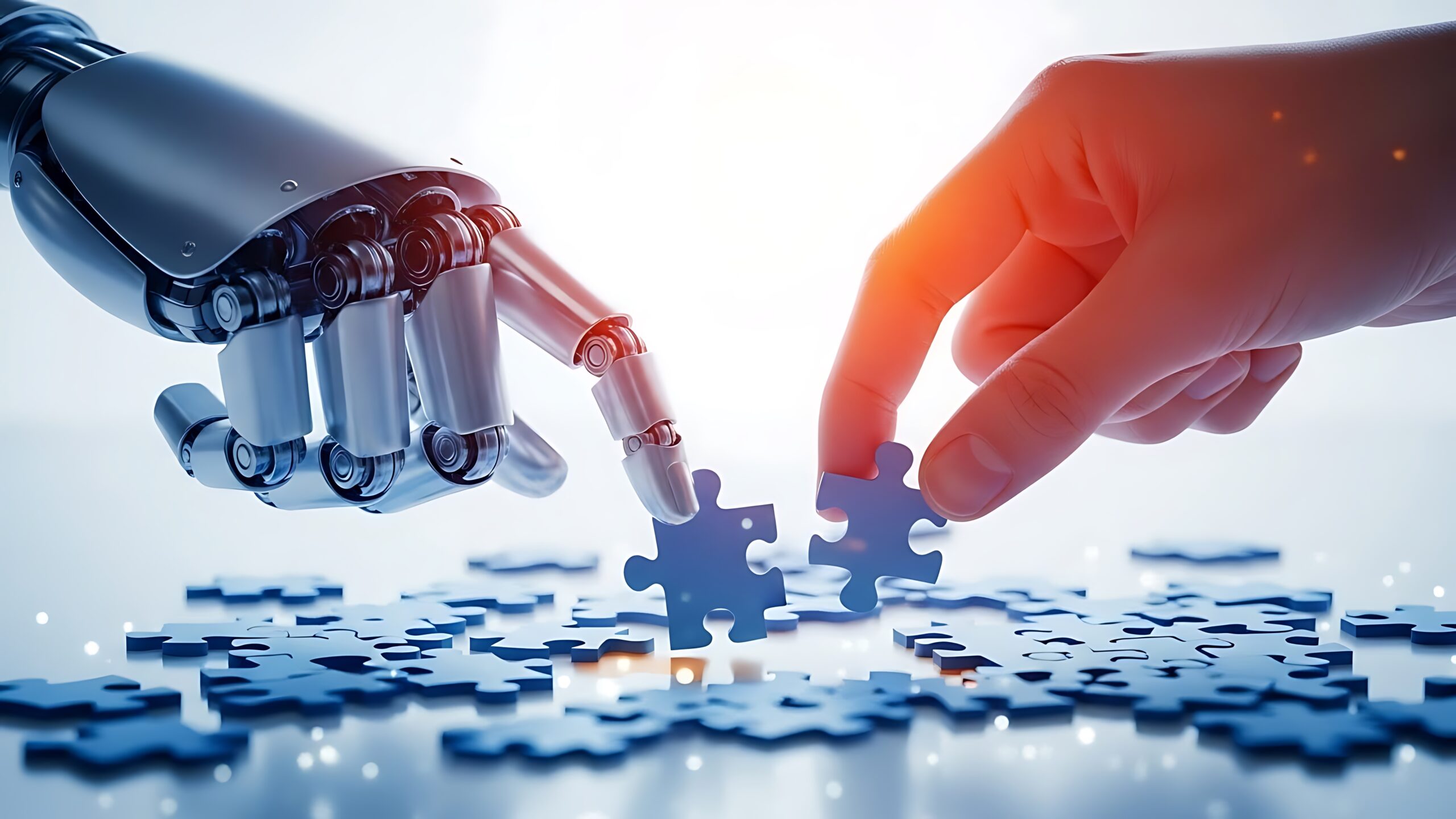 Human and robotic hands connecting puzzle pieces symbolizing collaboration and ai