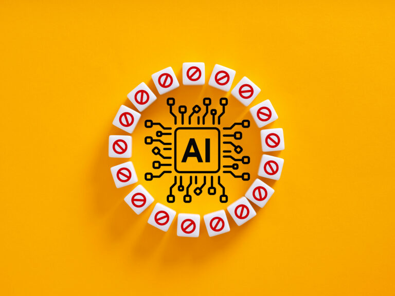 AI chip surrounded by censor symbols, creating restriction