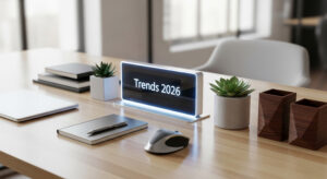 Bright screen showing "Trends 2026" on a desk. Represents upcoming forecast, business strategy, and corporate planning for future growth and innovation