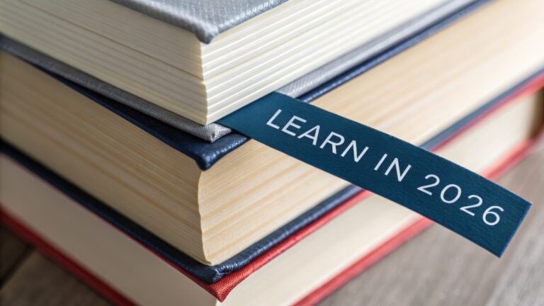 Goal setting 2026 concept. Books stacked with a bookmark reading "LEARN IN 2026.