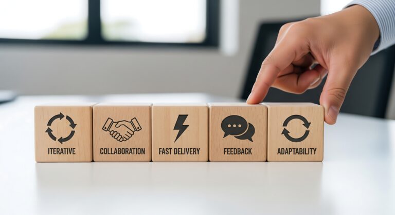 Hand arranging wooden blocks with icons representing iterative processes, collaboration, fast delivery, feedback, and adaptability in business.