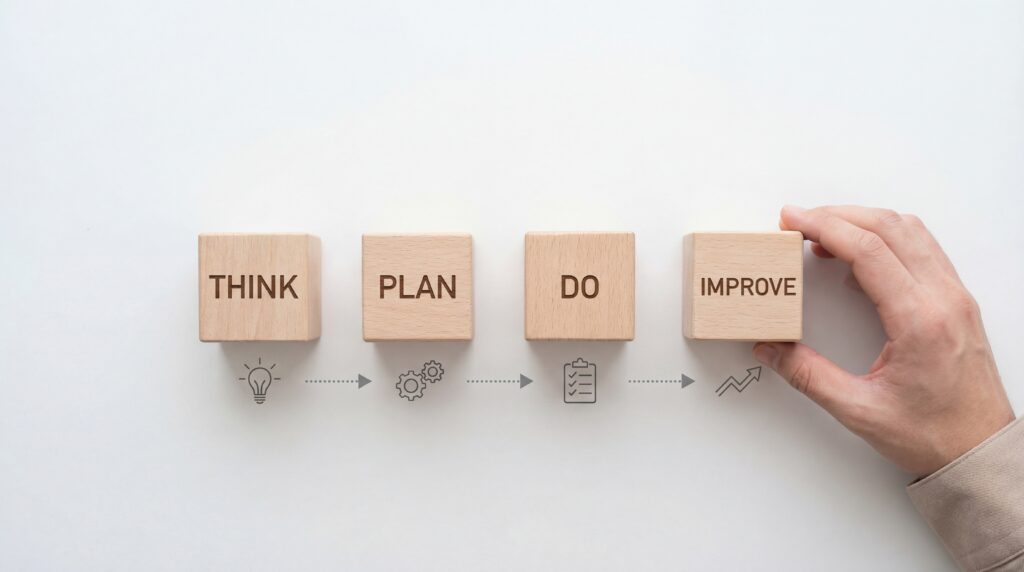 Wooden Blocks Displaying Think Plan Do and Improve Concept.