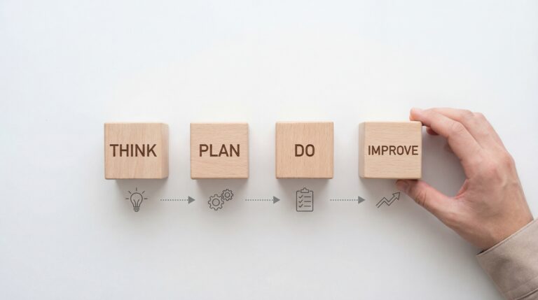 Wooden Blocks Displaying Think Plan Do and Improve Concept.