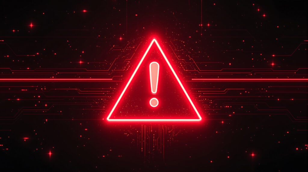 A striking red neon warning sign with an exclamation mark, set against a dark, tech-inspired background, signifies digital security threats, system alerts, or potential online danger.