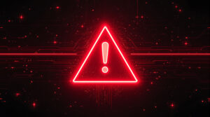 A striking red neon warning sign with an exclamation mark, set against a dark, tech-inspired background, signifies digital security threats, system alerts, or potential online danger.