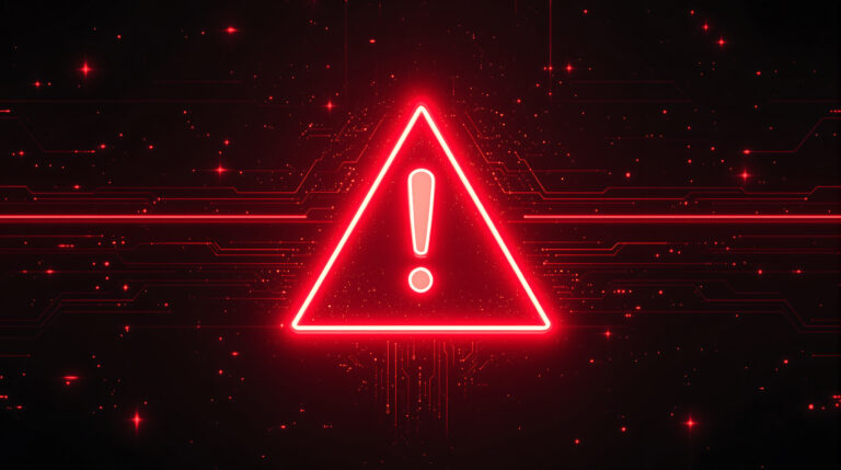 A striking red neon warning sign with an exclamation mark, set against a dark, tech-inspired background, signifies digital security threats, system alerts, or potential online danger.