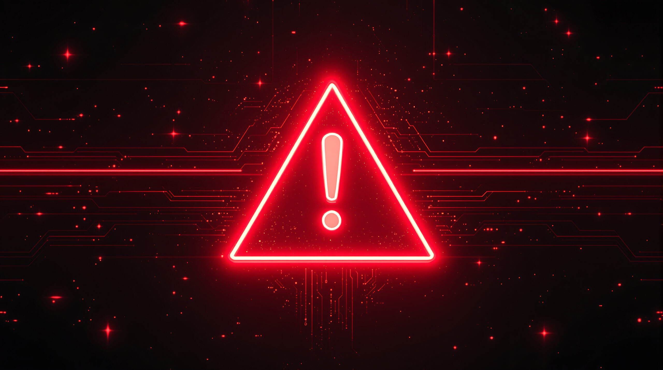 A striking red neon warning sign with an exclamation mark, set against a dark, tech-inspired background, signifies digital security threats, system alerts, or potential online danger.