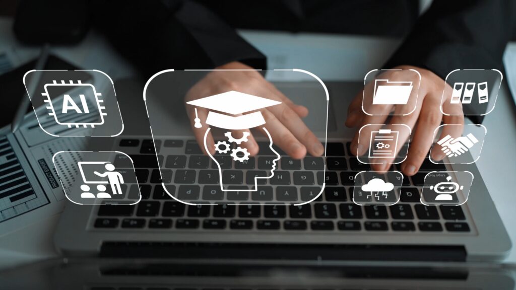 Hands typing on a laptop with digital icons representing artificial intelligence, education, technology, and teamwork in a modern workspace environment Gluon.