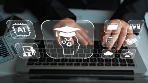 Hands typing on a laptop with digital icons representing artificial intelligence, education, technology, and teamwork in a modern workspace environment Gluon.
