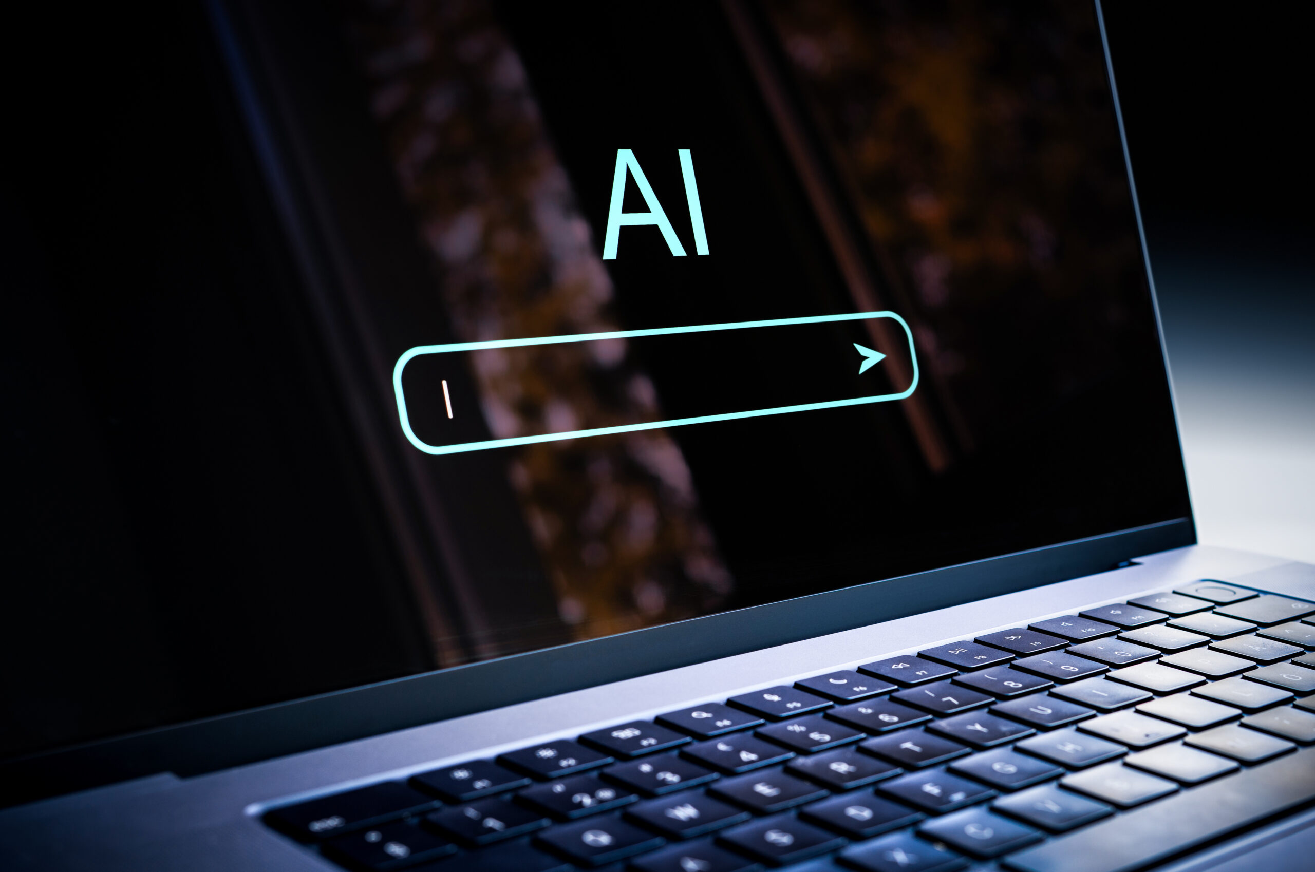 AI generate content with prompt in laptop. Image with artificial intelligence in computer. Work with chatbot and text model. Using search and virtual assistant.